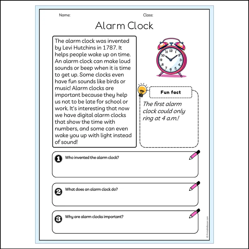 Alarm Clock | Reading Passage Comprehension Questions Writing Facts ...