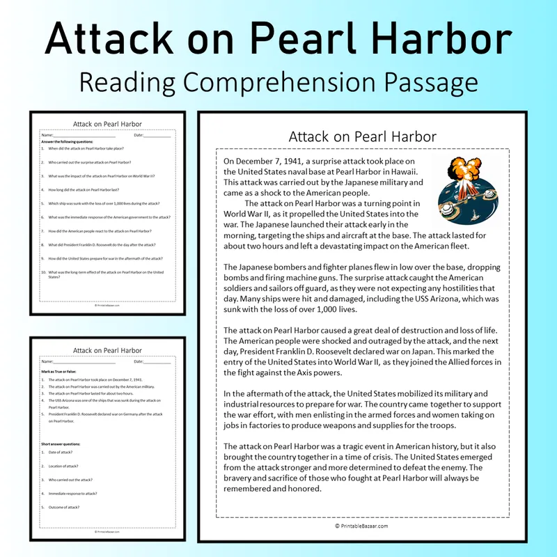 Attack on Pearl Harbor | Reading Comprehension Passage and Questions ...