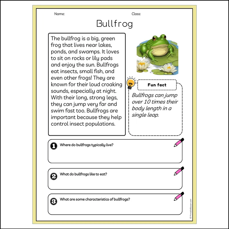Bullfrog | Reading Passage Comprehension Questions Writing Facts ...