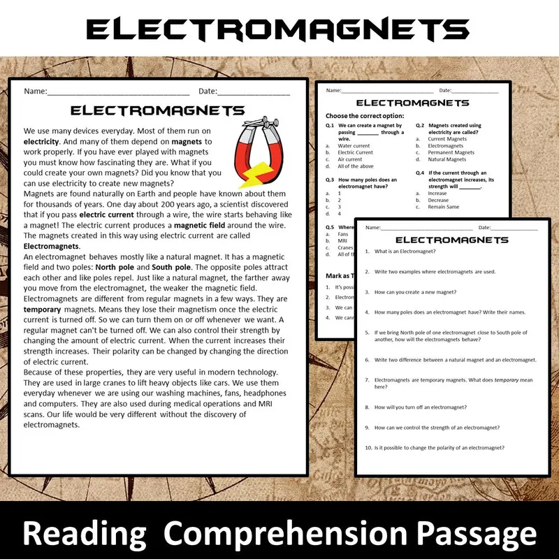 Electromagnets Reading Comprehension Passage and Questions — Free ...