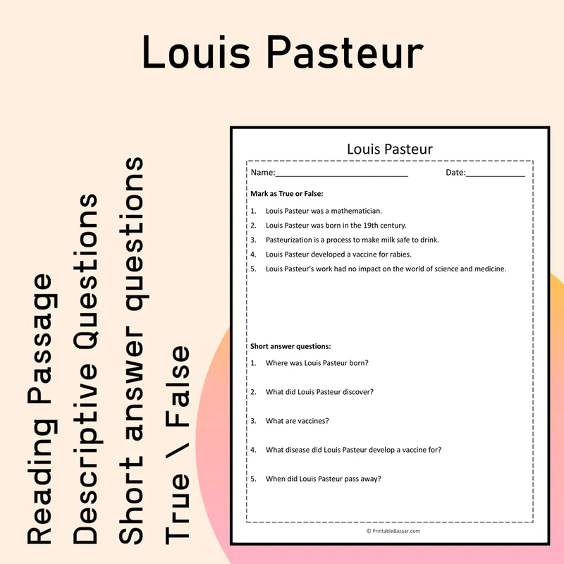Louis Pasteur | Reading Comprehension Passage Printable Activity — Free ...