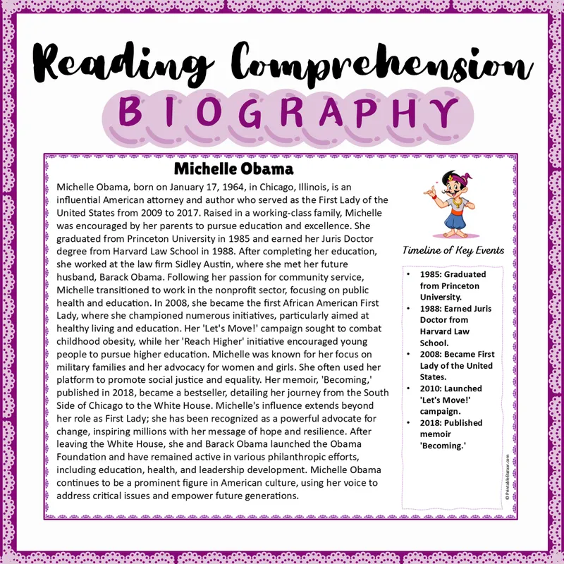 Michelle Obama | Biography Reading Comprehension and Questions ...