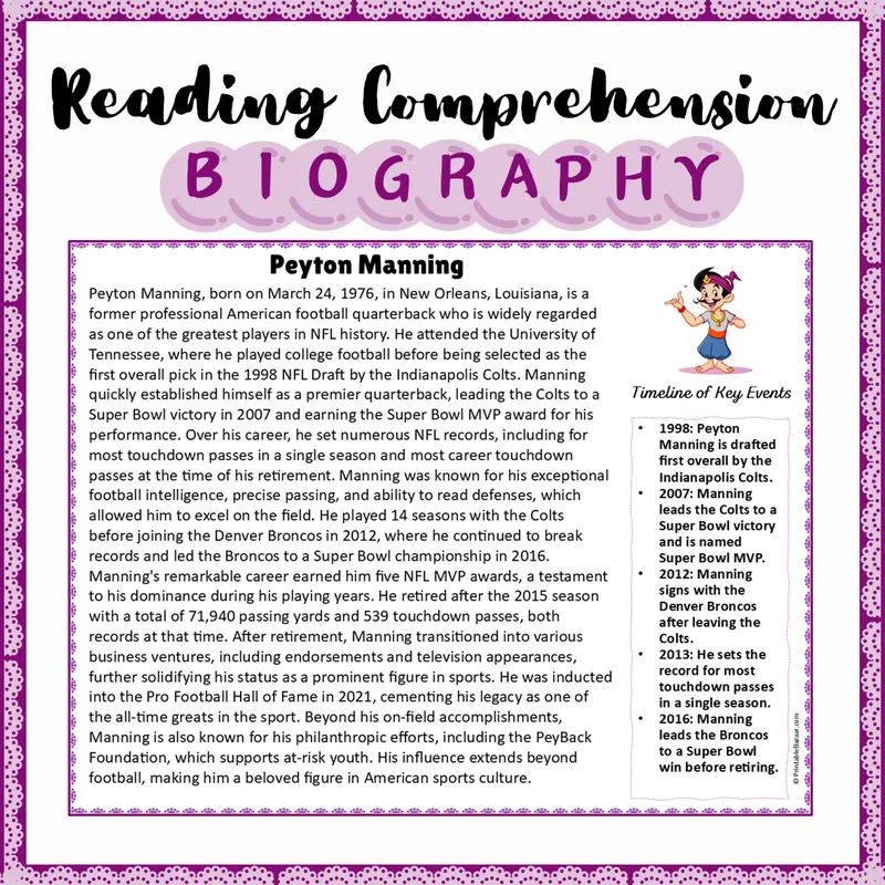 Peyton Manning | Reading Comprehension Passage Printable Activity ...