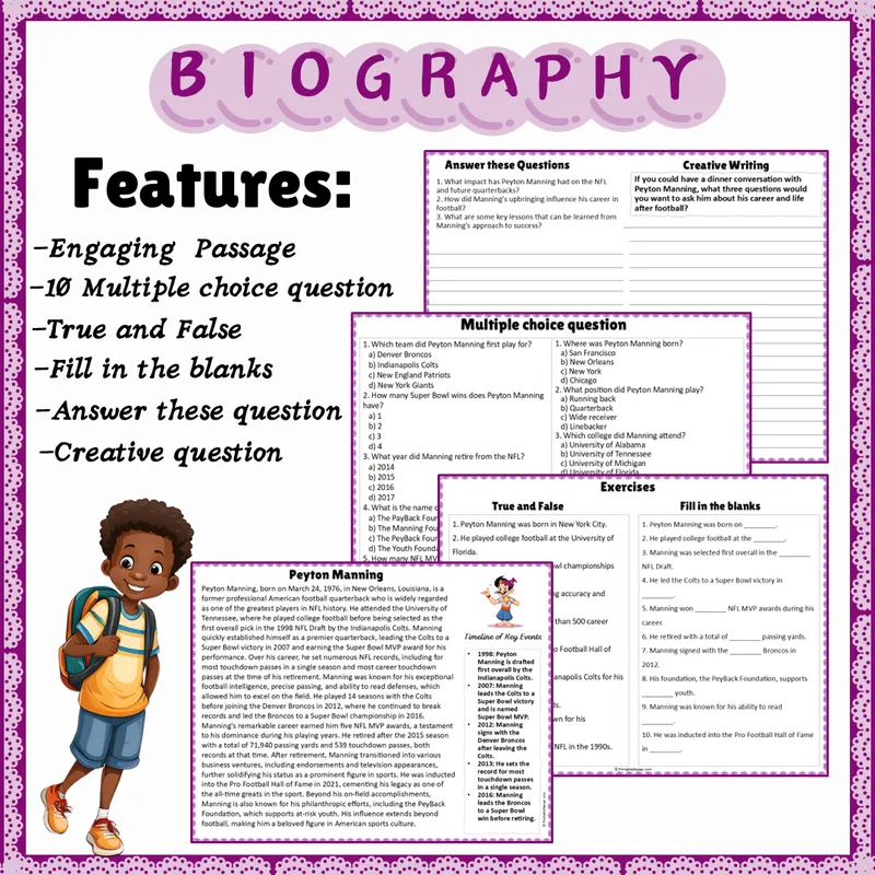Peyton Manning | Biography Reading Comprehension and Questions ...